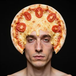 portrait of man with a rare facial deformity making the head a flat and circular disc, looking like a pizza, doughy skin with cheese - like structure, blemishes look like sliced tomatoes, soft lighting, sharp focus, highly symmetrical, black background, masterpiece, case photo by letizia battaglia