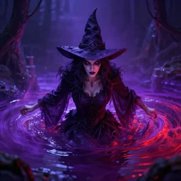 A Witch emerges from a pool of swirling purple and red magical liquid by Greg Rutkowski, 4k photorealistic, volumetric lighting, HD, high details, dramatic, trending on artstation
