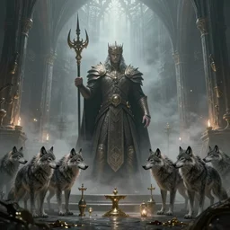 king of the wolves - fantasy, inside the king's hall wolves and their treasures, ethereal, ominous, misty, 8 k, by h. r. giger and greg rutkowski, the last guardian by fumito ueda - elden ring