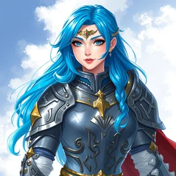 a woman with blue hair and royal armor by rossdraws