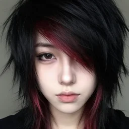 a pale emo girl with messy black hair, a dyed red hair highlight, soft facial features, bang covering one eye, neutral expression, myspace picture