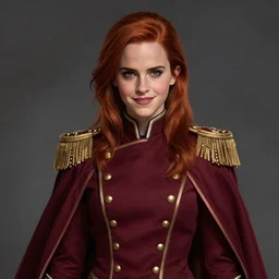 a highly detailed illustration of emma watson as a long dark red haired wearing wine red epaulette uniform and coat cape, dramatic smiling pose, perfect face, intricate, elegant, highly detailed, centered, digital painting, artstation, concept art, smooth, sharp focus, league of legends concept art, wlop