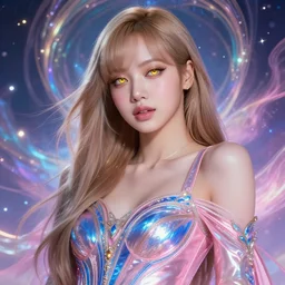 Lisa from Blackpink as magical celestial princess wearing luxurious futuristic chic slim pearlescent dress, bright gold eyes, peaceful expression, fantasy, intricate pink and royal blue dress, captivating, seductive look, accurately portrayed, portrait art by James Jean and Alphonse mucha, highly detailed, digital painting, concept art, illustration, multiversal paradise shining rgb luxurious lights, trending on artstation, very detailed, smooth, sharp focus, octane render, close-up