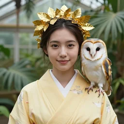 portrait photograph of beautiful!!!! young female , symmetric face!, symmetric eyes, slight smile, natural light, wearing a yellow kimono!! with a very detailed barn owl! on her shoulder in a tropical greenhouse. looking at the camera!!. golden crown made of golden leaves. super resolution. Extremely detailed. Graflex camera!, bokeh!!!!!.