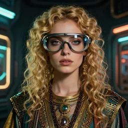 vertical portrait of ancient jew female with space glasses, blonde, curly hair, detailed face and eyes, symmetrical face, cyberpunk, native costume, standing in the dark room, under neon, extremely fine detail background, highly detailed, detailed eyes, high quality, fashion editorial photography, hyperrealistic, from vogue magazine, reflections, refraction, gold, teal, orange