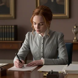 katniss everdeen wearing a formal dress doing homework at her desk in the oval office