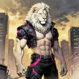 aesthetic portrait commission of a  of a male fully furry muscular anthro albino lion with a tail and a beautiful attractive hyperdetailed face wearing stylish and creative unkempt black and pink cyberpunk 2077 clothes in a sci-fi dystopian city at golden hour while it storms in the background. Character design by charlie bowater, ross tran, artgerm, and makoto shinkai, detailed, inked, western comic book art, 2021 award winning painting
