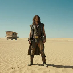 film still of rasputin in mad max : fury road, wide lens distant shot