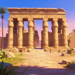 a gorgeous landscape in the style of thomas cole and pixar. ruins, reminds us of the temple of luxor in egypt! beautiful beyond imagination! enchanting, mysterious, alluring. rich saturated colors, light bloom, hyperrealism, extremely detailed! 8 k, smooth gradient cgi, path tracing, trending on artstation