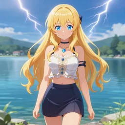 a very beautiful anime cute girl, full body, long wavy blond hair, sky blue eyes, full round face, short smile, fancy top, miniskirt, front view, summer lake setting, cinematic lightning, medium shot, mid-shot, highly detailed, trending on Artstation, Unreal Engine 4k, cinematic wallpaper by Stanley Artgerm Lau, WLOP, Rossdraws, James Jean, Andrei Riabovitchev, Marc Simonetti