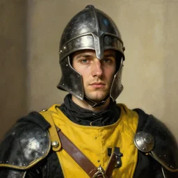 Medium closeup young idealistic and pious male Imperial soldier wearing a black and yellow tabard over a gambeson and a steel open helm, by Raymond Swanland Greg Rutkowski Lise Deharm, {perfect face}, {perfect eyes}