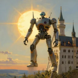 a bizarre giant robot walking and scaling the castle floating on the sky miracle of life on the radiant sun at the horizon, by emmanuel shiu, caspar david friedrich, albert bierstadt, jakub rozalski