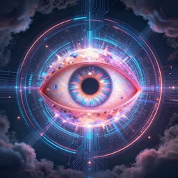 horizontal centered neon cyberpunk distortion field electron eyeball with concentric data rings around it, glowing, fantasy, networking, camera shutter iris, singularity, clouds, circuitry, explosion, dramatic, intricate, elegant, highly detailed, digital painting, network, artstation, concept art, smooth, sharp focus, illustration, octane render