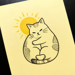 tattoo sketch of a cat hugging the sun, on a yellow paper, maori ornament, minimalism, vector