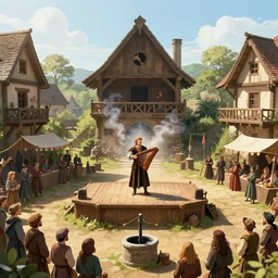 a detailed concept art of a young medieval bard singing in a wooden stage in the middle of an old wooden town with his hurdy - gurdy. magical smoke explosion around him. mid day light. sunny day. medieval market fest. people gathering around. wide angle. trending on artstation, craig mullins, gopro lens. centered composition. water well.