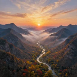 The most beautiful panoramic landscape, oil painting, where the mountains are towering over the valley below their peaks shrouded in mist. The sun is just peeking over the horizon producing an awesome flare and the sky is ablaze with warm colors and cirrus clouds. The river is winding its way through the valley and the trees are starting to turn yellow and red, by Greg Rutkowski, aerial view