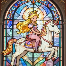 a very beatuiful princess girl in a crown with long blond hair sitting on a flying unicorn. stained glass window geometric,, art nouveau, trending on artstation pixiv