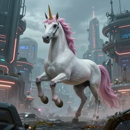 unicorn in a futuristic cyberpunk town. By Boris Vallejo, highly detailed