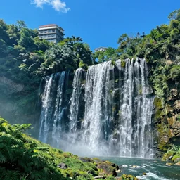a japanese city in the mountain surrounded by waterfall. beautiful blue sky. gorgeous epic nature, lofi, vivid colors, amazing light, by jeremy lipkin, by claude monet, heavily inspired by makoto shinkai, kandinsky touches, inspired by ghibli, masterpiece, multiple brush strokes, impressionist style