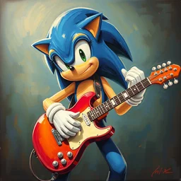 oil painting of a sonic plays guitar