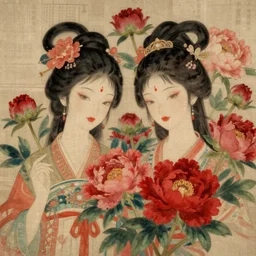 breathtaking detailed concept art painting blend of two goddess of red peony flowers, by hsiao ron cheng ， vintage illustration pattern wit