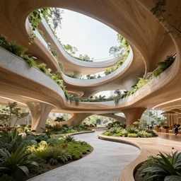biophilic futuristic pabula land buildings by veliz arquitecto landscape city garden natural beautiful light interior soft cinematic composition, wood granite marble nebula magnolia flowers, water, glass walls, metallic, grass, exotic trees, modular buildings, vincent callebaut composition, 8 k, unreal engine, hdr