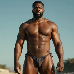 big black man with muscles, wearing bikini, cinematic light, front lit