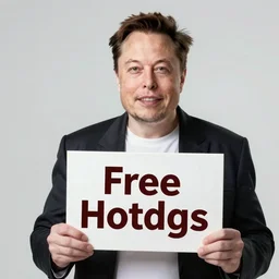 Elon Musk holding a sign saying Free Hotdogs, highly detailed, high quality, HD, 4k, 8k, Canon 300mm, professional photographer, 40mp, lifelike, top-rated, award winning, realistic, sharp, no blur, edited, corrected, trending