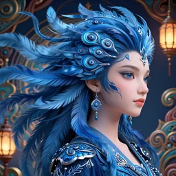 rhythm of the wind, beauty portrait, azure. detailed hair, fractal feathers, ornate, intricate environment, lantern, fantasy art by ilya kuvshinov, peter mohrbacher, greg rutkowski, ross tran, craig mullins, thomas kinkade, victo ngai. unreal engine 5 highly rendered, blender, octane, ray tracing. sharp focus, post processing