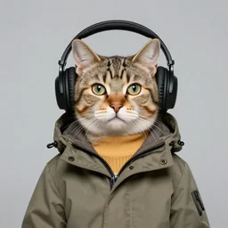 portrait of a cat wearing a large parka and headphones, by louis wain, simon stalenhag, trending on artstation