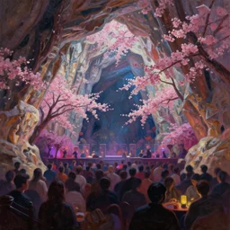 cherry blossom limestone cavern night club. heavily stylized, oil painting by indie concept artist. backlighting, chiaroscuro, intricate details, field of depth.