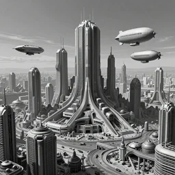 matte graphite illustration of a sci-fi utopian city, award winning concept art, trending on art station, retrofuturism, bauhaus, insanely detailed, intricate complexity, epic scale, stunning vista, flying cars, flying zeppelin, deiselpunk