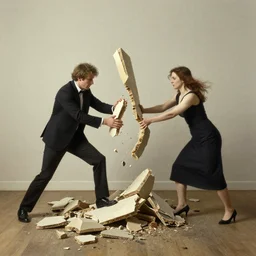 man breaking into pieces while a woman tries to hold the fallen parts, surreal, ray caesar, john constable, guy denning
