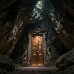 the bottom cave has a huge bronze door and a dark spectacular atmosphere ， super wide angle ， matte painting ， rtx on ， trending on cgsociety and artstation, unreal engine ， volumetric light ， surreal