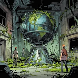 teleportation machine in an abandoned city, with vines growing over it and moss on the floor, as if it's been there for years by charles robinson and dave gibbons