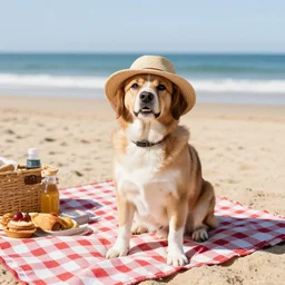 Dog with hat on the beach having a picknick