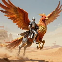 a knight in silver armor riding a giant phoenix in the desert, cinematic shot, digital illustration, art by greg rutkowski, epic, fantasy, amazing detail, intricate