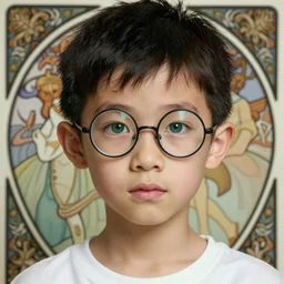 portrait of a small, skinny 1 7 - year - old boy with a thin face, black hair, green eyes, round glasses, thin scar on his forehead, wearing white shirt, hyper realistic face, beautiful eyes, close up, fantasy art, in the style of greg rutkowski, intricate, alphonse mucha, hyper detailed, smooth
