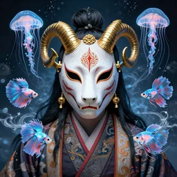3 d indian god shiva close up frontal view, portrait, astral projection, with ram golden skull. beautiful intricately detailed japanese fractal kitsune mask and clasical japanese kimono. betta fish, jellyfish fractal, bio luminescent, plasma, ice, water, wind, creature, mandelbulb, fractal, artwork by tooth wu and wlop and beeple and greg rutkowski