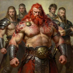 bulky muscular scottish warrior with red hair, tribal blood paintings, waist plate armor, 4 k oil on linen by wlop, artgerm, andrei riabovitchev, nuri iyem, james gurney, james jean, greg rutkowski, highly detailed, soft lighting 8 k resolution