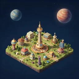 photorealistic isometric view of a small colony on a distant strange planet