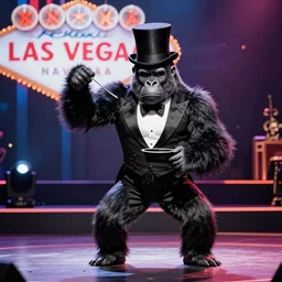 a gorilla wearing a tuxedo and top hat while performing magic on a stage in Las Vegas
