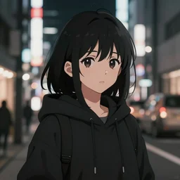 black haired girl wearing hoodie, city, anime visual, tokyo animation