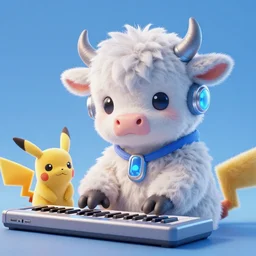 high quality 3 d render sci - fi very cute neuromancer fluffy! mutant cow hybrid! playing keyboard, highly detailed, unreal engine cinematic smooth, in the style of blade runner & detective pikachu, hannah yata charlie immer, blue light, low angle, uhd 8 k, sharp focus