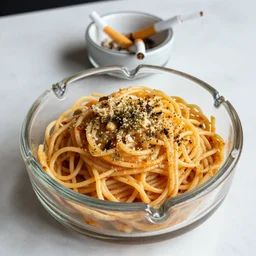 food photography of spaghetti with cigarettes in a used ashtray