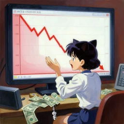 anime key visual of anime cat girl losing all of her money on the stock market, panic red charts, line on big monitor screen going down, style of jamie wyeth james gilleard edward hopper greg rutkowski acrylic painting, preserved museum piece, historical