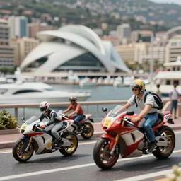 beautiful hyperrealism three point perspective film still of monaco harbour with motorcycle scene in zaha hadid meets lloyd wright ( 1 9 9 0 ) extreme closeup in style of 1 9 9 0 s frontiers in translucent porcelain miniature street photography fashion edition, porcelain model, tilt shift style scene background, soft lighting, kodak portra 4 0 0, cinematic style, telephoto by emmanuel lubezki