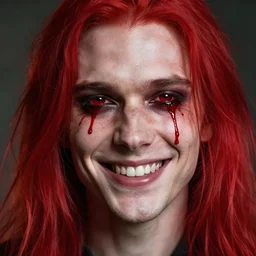 a man with red long hair, smiling like a creep, blood dropping from eyes, 8k, realistic, digital art, smooth, high saturation