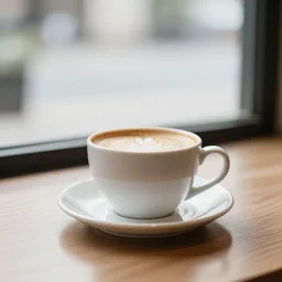 a cup of coffee on a cafe table near a window with view to the sunrise, concept art, octane render, unreal engine 5, trending on artstation, high quality, highly detailed, path traced, high coherence, hyperrealistic, godrays, serene scene, soft lighting, macro photo