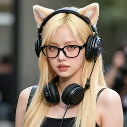 realistic beautiful gorgeous natural cute Blackpink Lalisa Manoban blonde hair cute fur blonde cat ears, wearing summer outfit, wearing headphones, wearing black leather choker, wearing glack glasses, golden eyes artwork drawn full HD 4K highest quality in artstyle by professional artists WLOP, Taejune Kim, Guweiz, ArtGerm on Artstation Pixiv